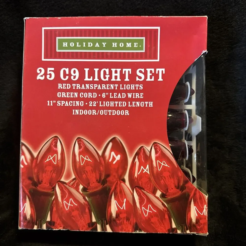 Holiday Home 25 C9 Light Set Red Transparent Lights Green Cord 22